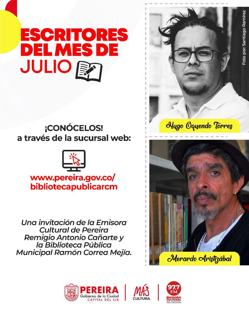 📖✍🏻#EscritoresDelMes | En el mes de julio reconocemos la vida y obra de los escritores y gestores culturales Hugo Oquendo Torres y Merardo Aristizábal.

👉Conoce más aquí 🔗bit.ly/3xu5M3E

👉 Servicio de libros a domicilio
🔗 bit.ly/38wXkXK