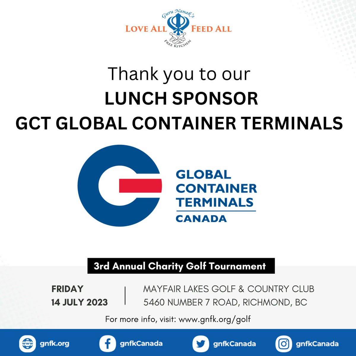 gnfkCanada's tweet photo. Our heartfelt appreciation goes to @GCT_CAN for sponsoring lunch for our 3rd Annual Golf Tournament! 🙏 💙

#CharityGolf #CommunitySupport #GNFKCanada #GNFK #LoveAll #FeedAll #Golf #GolfVancouver #MayfairLakeGolf https://t.co/dEJEgsmQwp