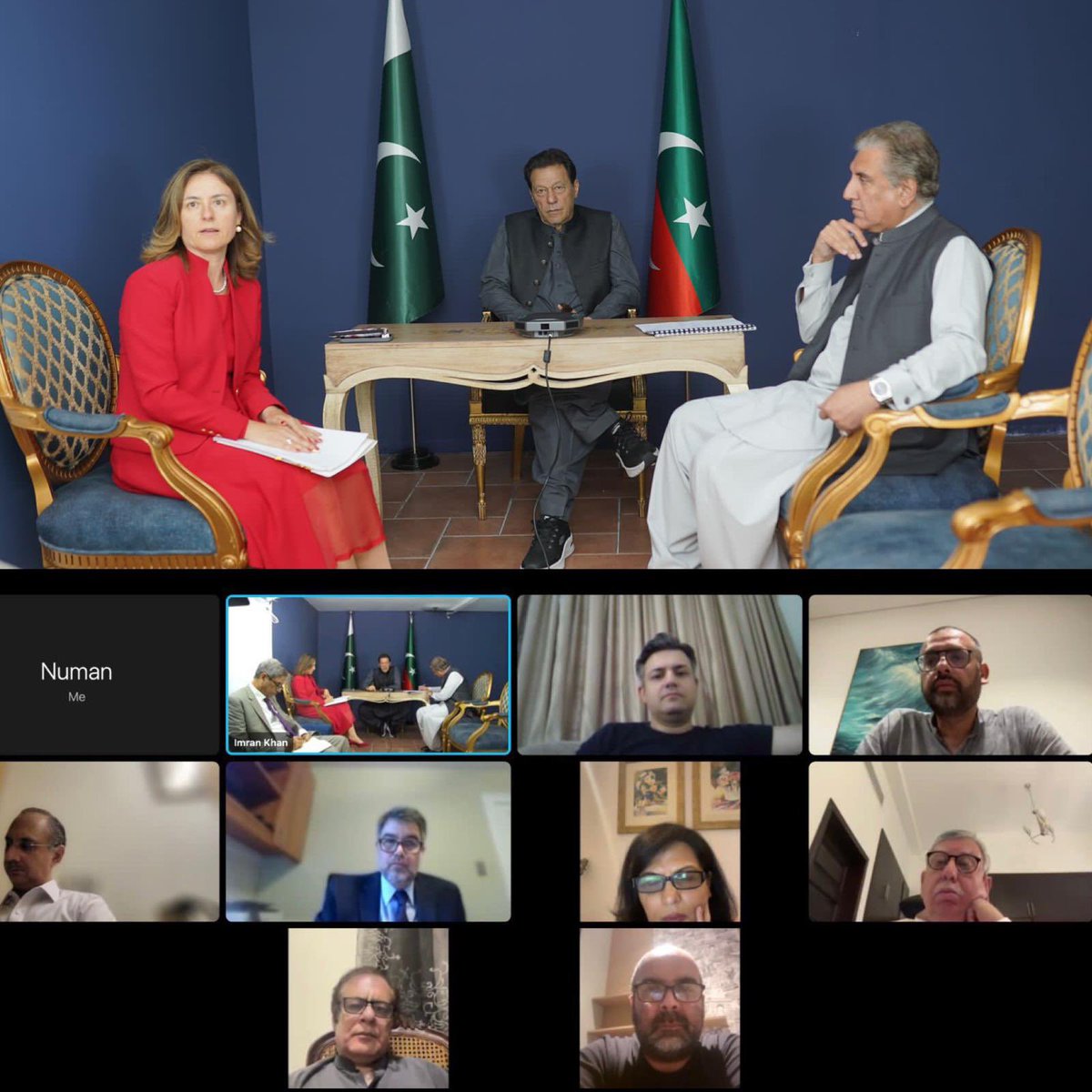 The IMF team called upon Chairman Imran Khan at his residence today. The meeting was attended by IMF country chief Nathan Porter who joined virtually from Washington and Resident Representative Esther Perez who was physically present. 
PTI's team included Chairman Imran Khan,
