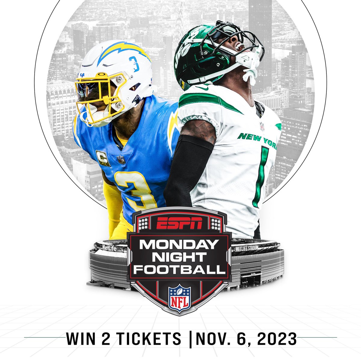 Week 9, we're going primetime on Monday Night Football vs the Chargers. I've got two tickets in the Metlife 50 Club for a lucky fan. Follow and retweet for a chance to win. Rules: nyj.social/44BuNbh #LACvsNYJ #Sweepstakes