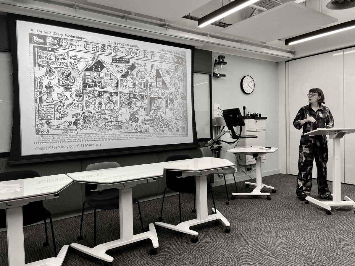 Relishing <a href="/LucieGlasheen/">Lucie Glasheen</a> taking us round the 'Casey Court' kids' comic-noisy-anarchic theatrescapes ridiculing the failures of modern architecture, technology and working-class housing (plotlands, Peacehaven). Lots of thumbing the nose at landlords! #litlon23