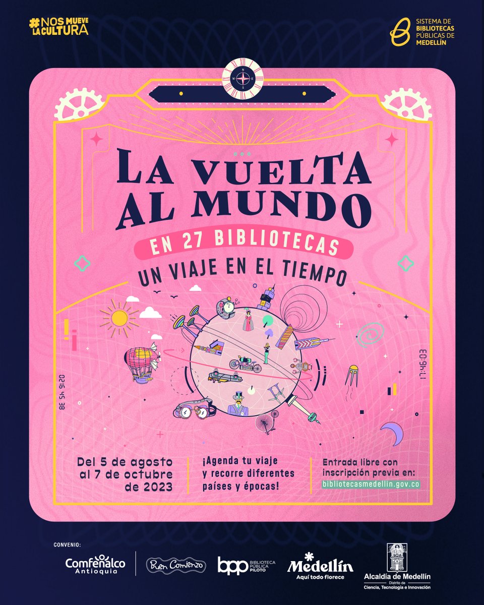BibliotecasMed's tweet photo. ¡Alisten sus maletas🧳! Del 5 de agosto al 7 de octubre regresa #LaVueltaAlMundoEn27Bibliotecas. Hoy abrimos las inscripciones para viajar por el mundo a través del tiempo⌛️ ¡Conoceremos múltiples países y épocas! Entrada libre con inscripción previa en: 👉🏼https://t.co/wYIkKRARpn https://t.co/4dUHqCSGML
