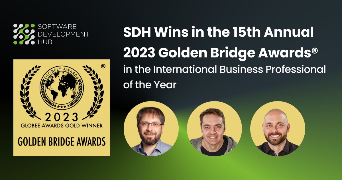 VasiliyKuchma's tweet photo. ๐ I'm thrilled to announce SDH has emerged as the winner of the 15th Annual Golden Bridge Awardsยฎ 2023 @GlobeeAwards! @VicBukhantsov,ย @PYablonskiy and I've been awarded the golden prize in the International Business Professional of the Year category ๐พ #globeeawards #sdhteam https://t.co/uh10A9bVow