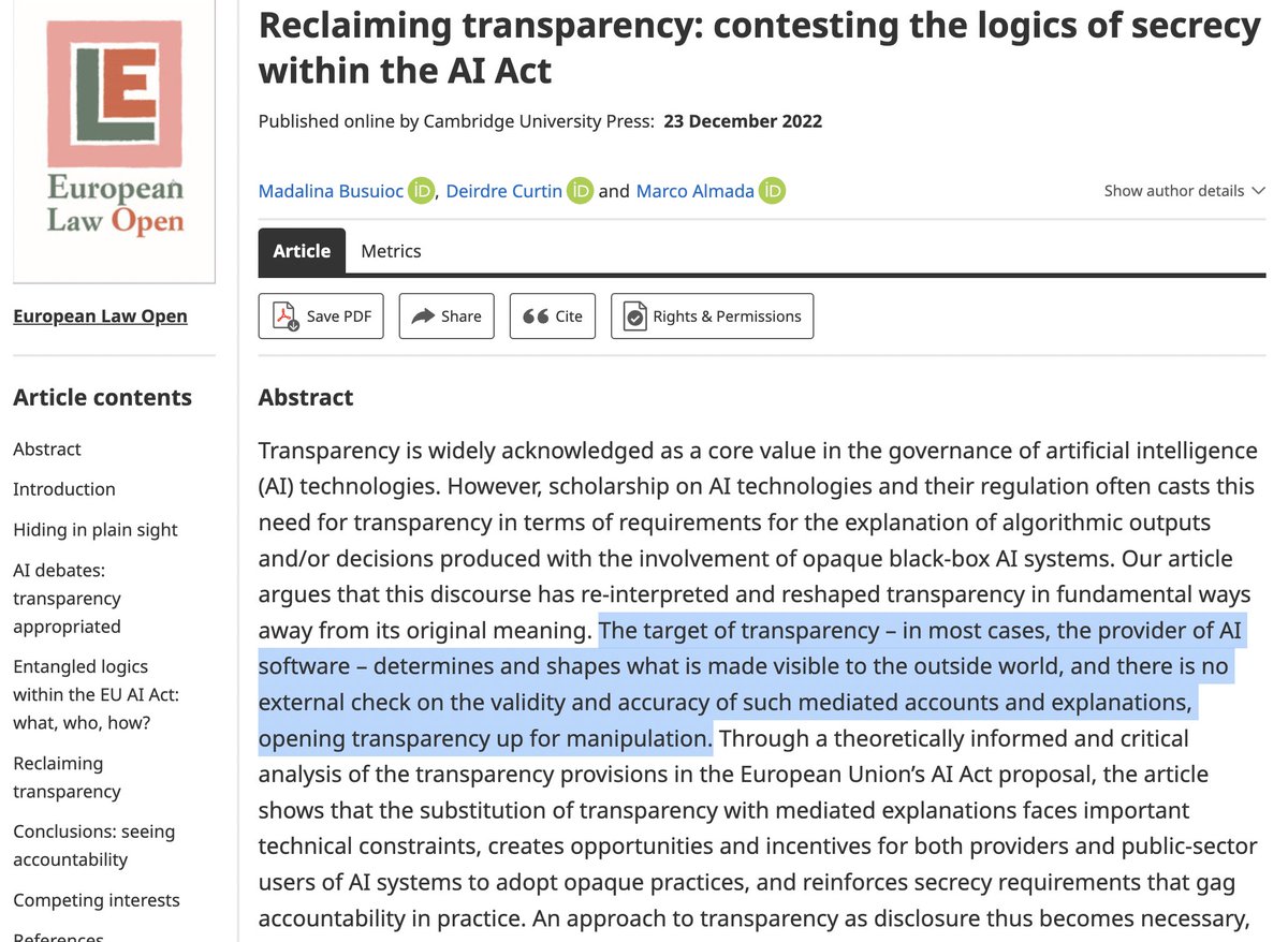 Our article w/ Deirdre Curtin &amp; <a href="/MarcoAlmada/">BlueSky: @marcoalmada.com</a> on AI transparency is out in print <a href="/EuropeanLawOpen/">EuropeanLawOpen</a> this week. We push back against a discourse that has led to an unprecedented expansion and normalisation of secrecy in a multitude of consequential public sector domains. (1/n)