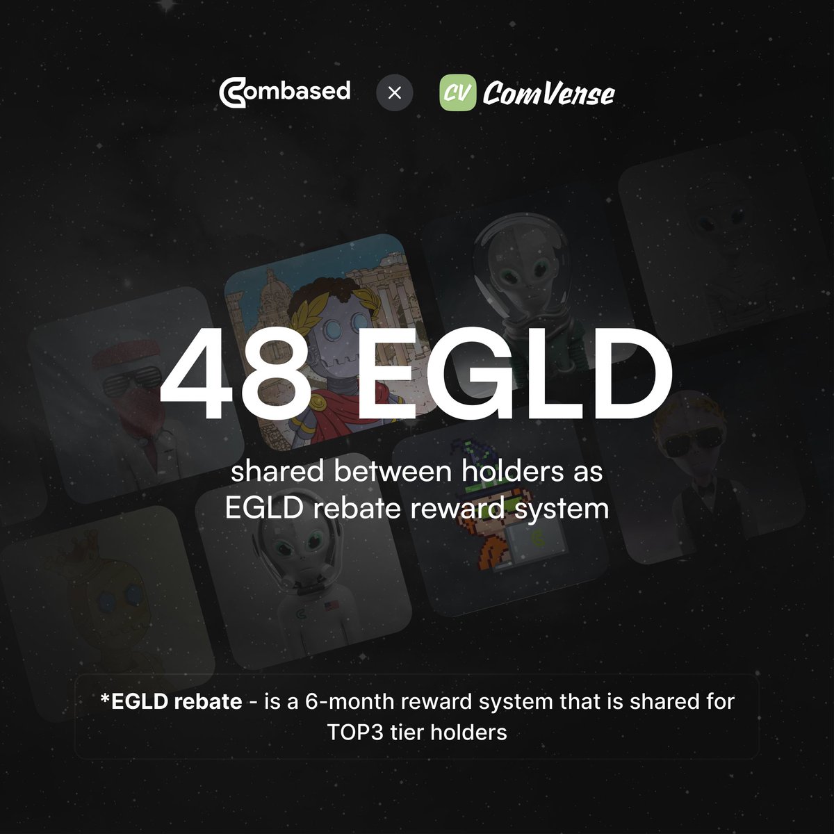 combased_app's tweet photo. 🚨 48 $EGLD were shared with our TOP3 tier holders 🚨

💸 EGLD rebate is one of our most appreciated rewards to holders. There's enough space for everyone to join for rewards.

Join @ComVerse_NFT community today!

#MultiversX #NFTCommunity #EGLD https://t.co/HRhCmfkyo6