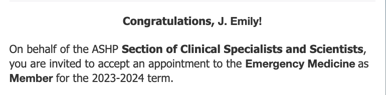 Very excited to be taking on this new role as part of <a href="/ASHPOfficial/">ASHP</a> EM Advisory Group! Can't wait to help advance the role of emergency medicine pharmacists!