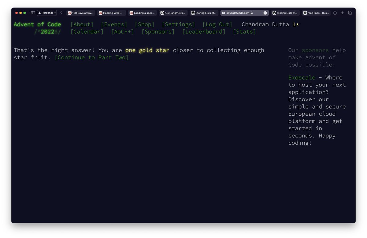 ChandramDutta's tweet image. Done with the first one...
#AdventOfCode2022
Learned
- Reading Files with Rust (& iterating through each line)
- More Rust
