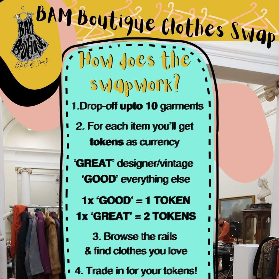 BuryArtMuseum's tweet photo. So how does the clothes swap work? 
Drop off garments from the 8th July 

+ EARLY BIRD TICKETS are £4/ £5 on the day (15th)
Tickets to BROWSE and just to soak up the atmosphere £2
Contact the gallery for further info or to book artgallery@bury.gov.uk 0161 253 5878
 #greenmuseums https://t.co/bbIauYre6W