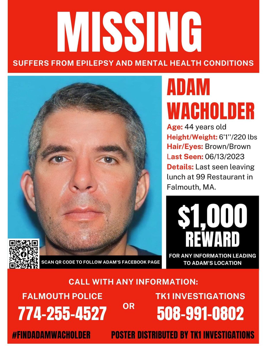 TK1 Investigations just issued a statement re: missing person Adam Wacholder. They distributed a new flyer & are now matching $500 from Adam’s family to provide a $1,000 reward for any info leading to his location. #missingperson #missing #findadamwacholder #adamwacholder