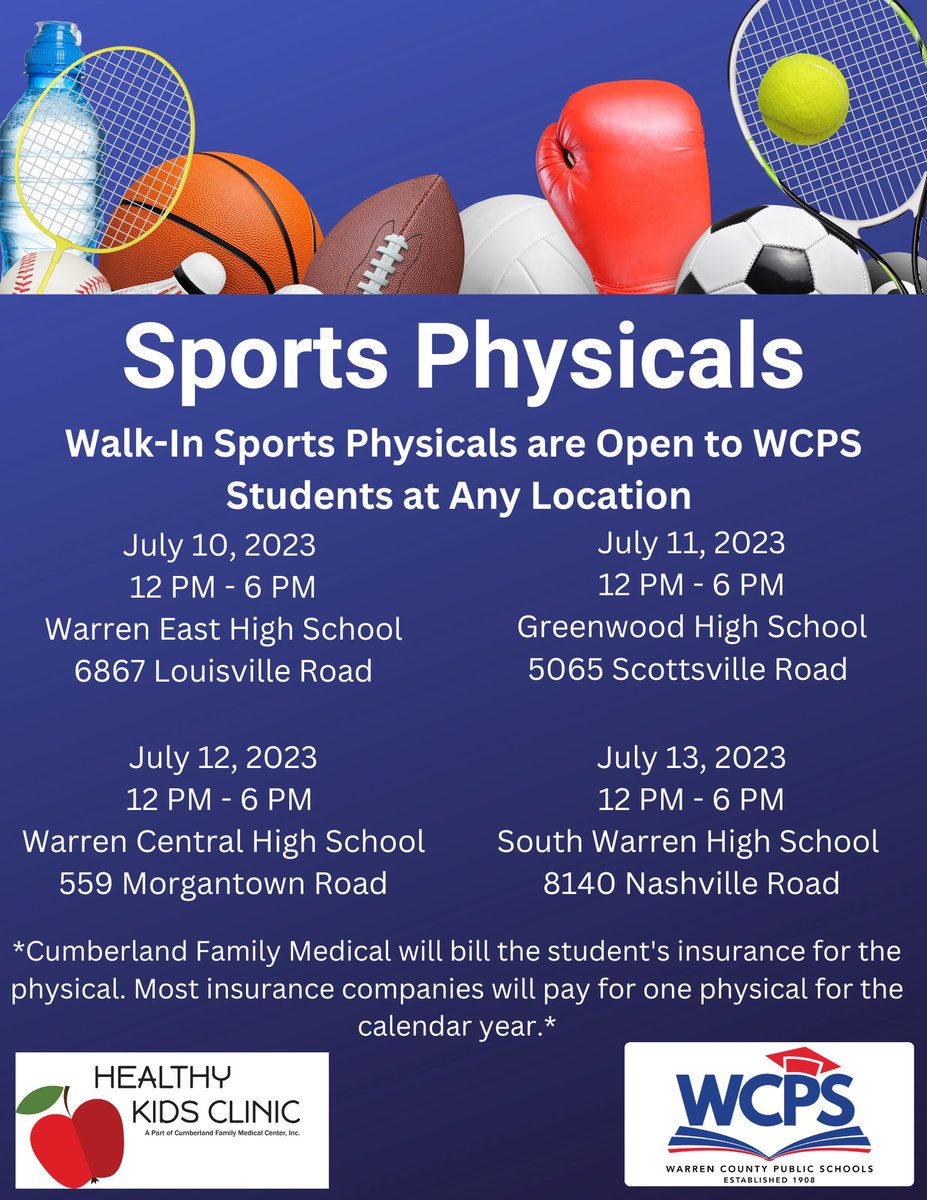 Cumberland Family Medical will offer sports physicals July 10-13, 2023 at our four high schools. Please see the flyer for more details.
