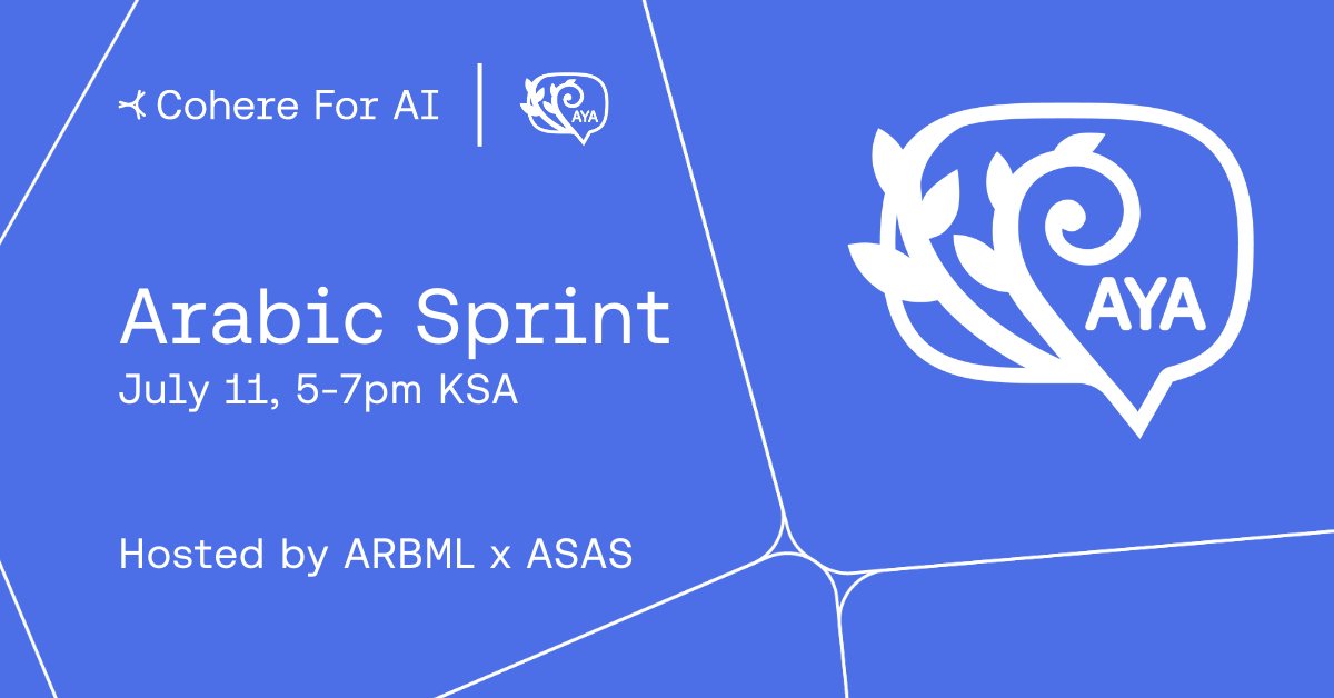 Cohere_Labs's tweet photo. 📣 Calling all Arabic speakers! On July 11 Aya Language Ambassadors @Emad_A_Alghamdi and @zaidalyafeai of @arabicml2 and ASAS are hosting a sprint to ensure that Arabic isn't left behind in the development of language AI.

Join our Discord to participate! https://t.co/o05vNtoNDr https://t.co/I5CJEFc3EW