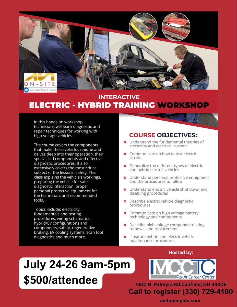 Exciting announcement! MCCTC Adult Career Center will host a special electric Vehicle Training Workshop July 24-26! Do you or your employees work on cars and need insight into how to work with high voltage vehicles? #mcctcadultcareercenter #canfield #ohio #ev #ElectricVehicles