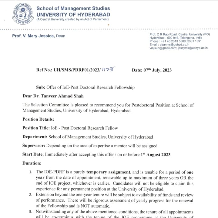 TanveerMaqbool's tweet photo. Alhamdulillah!! I am absolutely thrilled to share that I got selected for post-doctoral postion at institute of eminence school of management University of Hyderabad top 10th university among the best institutes in country https://t.co/ad7DfGXVwK