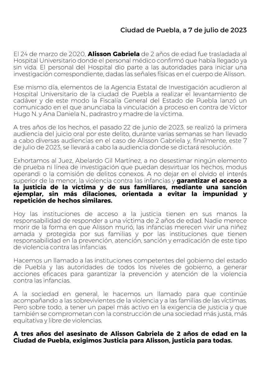 jess_tez's tweet photo. Organizaciones y personas se unen a la exigencia de #JusticiaParaAlisson, exhortando al @PodJudPuebla a generar una sentencia que ponga al centro el interés superior de la menor #Puebla https://t.co/WOWEz8YiLI https://t.co/VoKPjPrruH