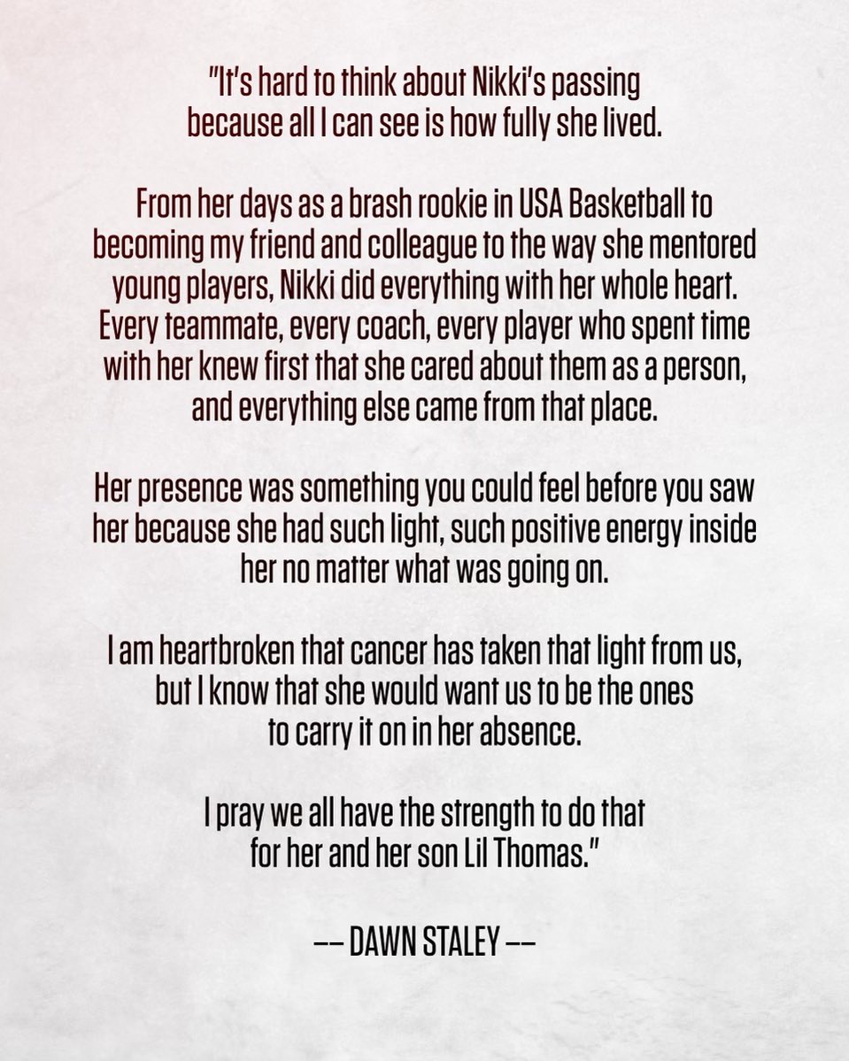 dawnstaley (@dawnstaley) on Twitter photo It is with the heaviest of heart I have to post this…..thank you my little sister, my friend, my foxhole partner, my teammate, my fast food snacker, my basketball junkie, my fellow Olympian, my gold medalist and now my angel. God’s got you now….suffer no more Nik Nik. ❤️deeply It is with the heaviest of heart I have to post this…..thank you my little sister, my friend, my foxhole partner, my teammate, my fast food snacker, my basketball junkie, my fellow Olympian, my gold medalist and now my angel. God’s got you now….suffer no more Nik Nik. ❤️deeply