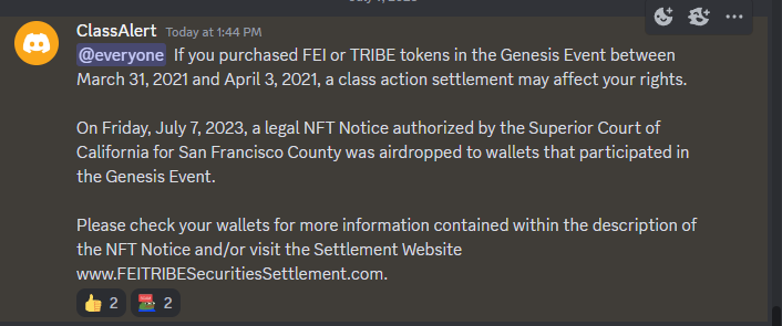 Looks like <a href="/feiprotocol/">Fei Protocol</a>'s discord has been taken over by San Fransisco's superior courts

This is the first I've personally seen courts take over a discord, is this common?

A link to the class action -- afnlegal.com/wp-content/upl…