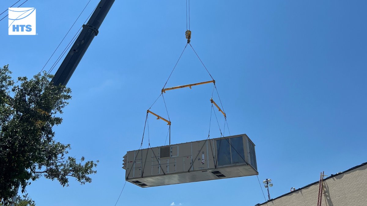 HTS_Engineering's tweet photo. TEXAS: The Hays High School science lab needed two custom energy recovery packaged #RTUs. Each 100+ ton unit had to be lifted over the roof of the building, so Austin's tallest crane was used. Despite high winds & heat, the units were successfully placed. https://t.co/CD4bE6zEp0 https://t.co/KpUoszI7TH