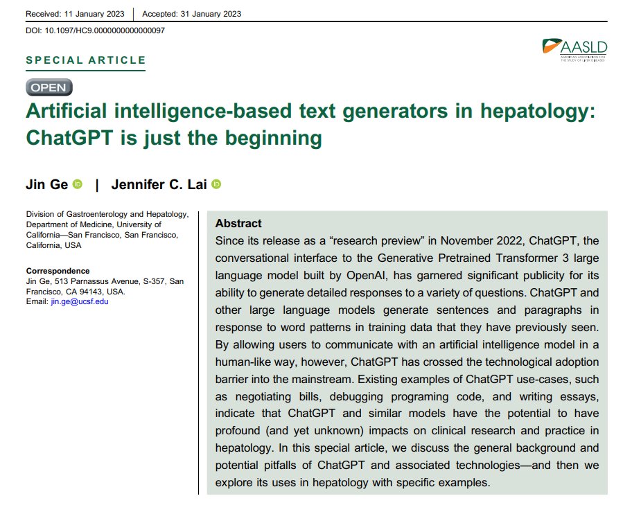 ebtapper's tweet photo. Thinking about ChatGPT for hepatology?

This @egnij paper reviews the promises and the pitfalls. When it came out in Jan, it was one of a handful of GPT papers in Pubmed. I dont think anything better has been published since. https://t.co/cweifrThkX https://t.co/D27rQdIbYE