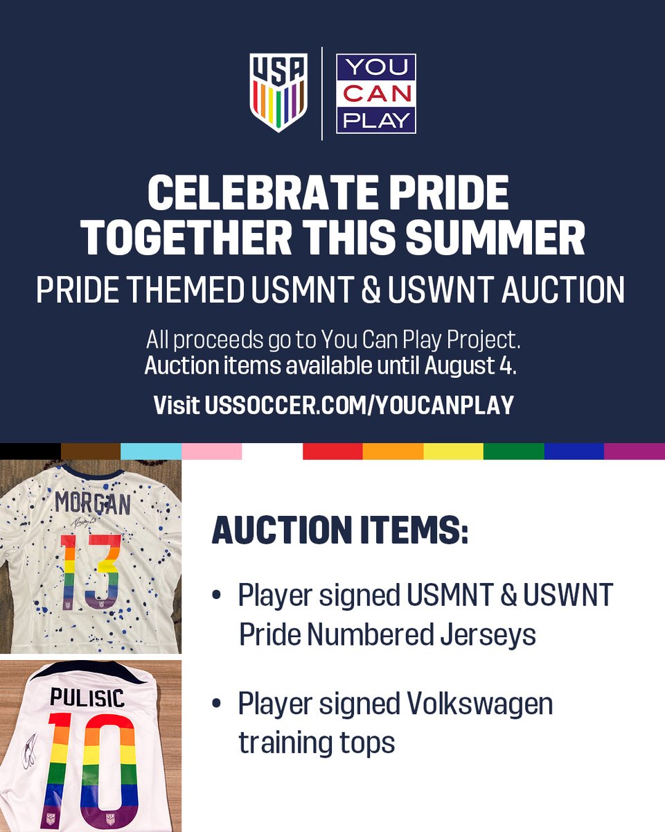ussoccer's tweet image. We've partnered with @YouCanPlayTeam and @VW to celebrate and support the LGBTQ+ community 🌈

Bid now on special edition signed @USMNT and @USWNT jerseys with Pride-themed numbers »  ussoc.cr/YCP23