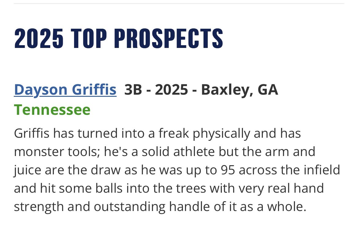 Dayson Griffis (@griffisdayson) on Twitter photo Thanks to <a href="/PGShowcases/">PG Showcases</a> for the great write up. <a href="/josh_elander/">Josh Elander</a> <a href="/Vol_Baseball/">Tennessee Baseball</a> @JBrownPG <a href="/PG_Georgia/">Perfect Game Georgia</a> Thanks to <a href="/PGShowcases/">PG Showcases</a> for the great write up. <a href="/josh_elander/">Josh Elander</a> <a href="/Vol_Baseball/">Tennessee Baseball</a> @JBrownPG <a href="/PG_Georgia/">Perfect Game Georgia</a>