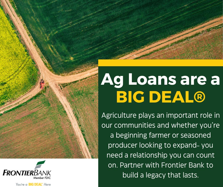 BankFrontier's tweet image. Stop by Frontier Bank and ask for one of our Ag Lenders to help you with your ag lending needs.
frontierbank.com/Ag-Loans
#aglending #youreabigdealhere
