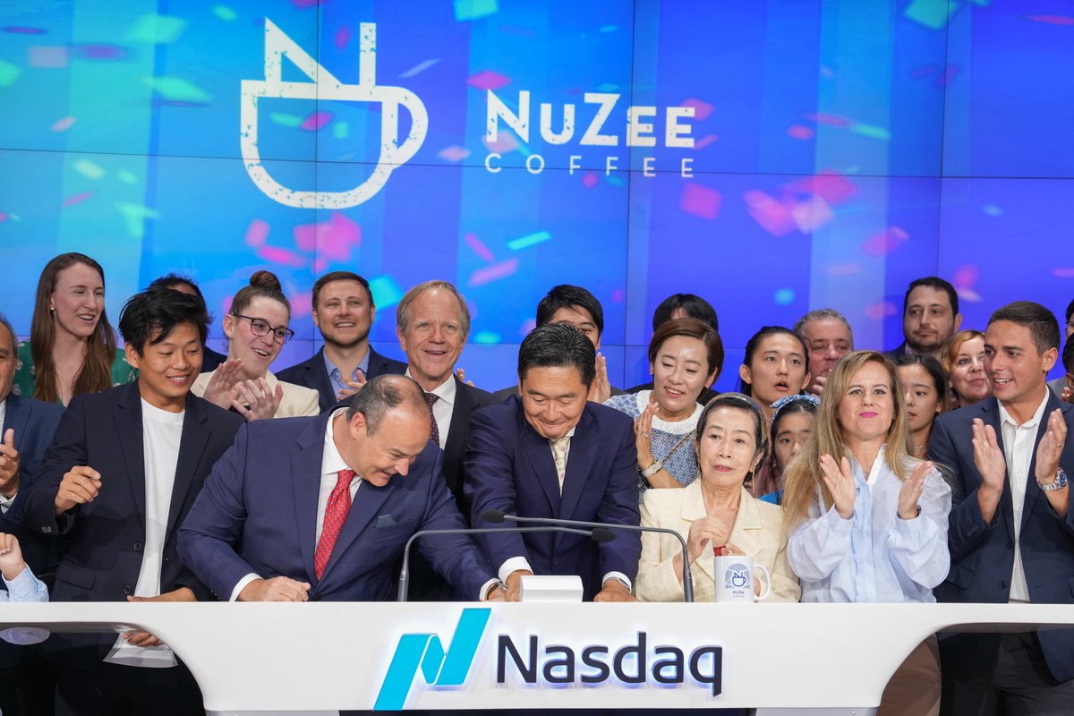 NasdaqExchange's tweet photo. ☕️@NuZeeCoffee is changing the way coffee drinkers drink coffee, one cup at a time. 

They join us at @Nasdaq today alongside their Founder & CEO, Masateru Higashida in honor becoming #NasdaqListed. $NUZE is a coffee technology company focusing on bringing disruptive innovation to the single serve coffee category.