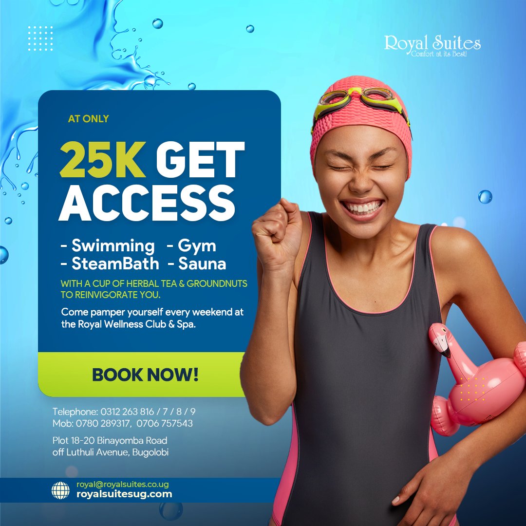 It is #UnbelievableDeals in our #wellnesscenter !! #Swim, have some #gymtime, and top it up with a #steambath💦 or #saunatime🧖‍♀️ at ONLY 25,000 Ugx.

Be the first to have this #fullaccessoffer by making #reservations. Call or WhatsApp us on 0758640805 / 0780289317.