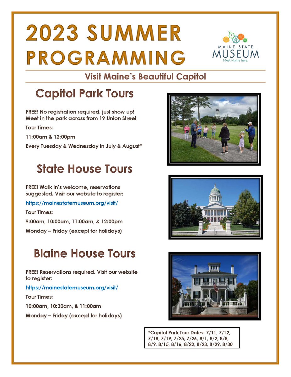 MaineStateMuse's tweet photo. ☀️ Summer is a great time to visit Maine’s beautiful Capitol! Guided tours are offered weekdays at both the 🏛 State House and the 🏘 Blaine House.🌳 If that isn’t enough history in one place, how about adding a historic tour of scenic Capitol Park! https://t.co/eBKdbA0MaS https://t.co/RiT0wyTkI0