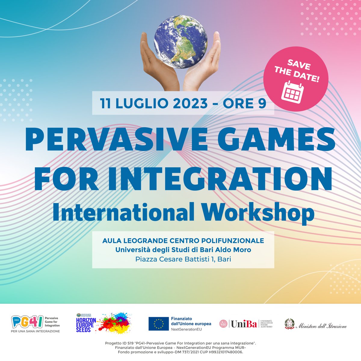 PG4Integration's tweet photo. SAVE THE DATE

📣 Pervasive Games For Integration – International Workshop
🗓️ 11 Luglio 2023
⏰ 9:00 
📍 Aula Leogrande - Centro Polifunzionale Università degli Studi  di Bari  “Aldo Moro”

#pg4i #integration #pervasivegames https://t.co/EmkaQm39Qi