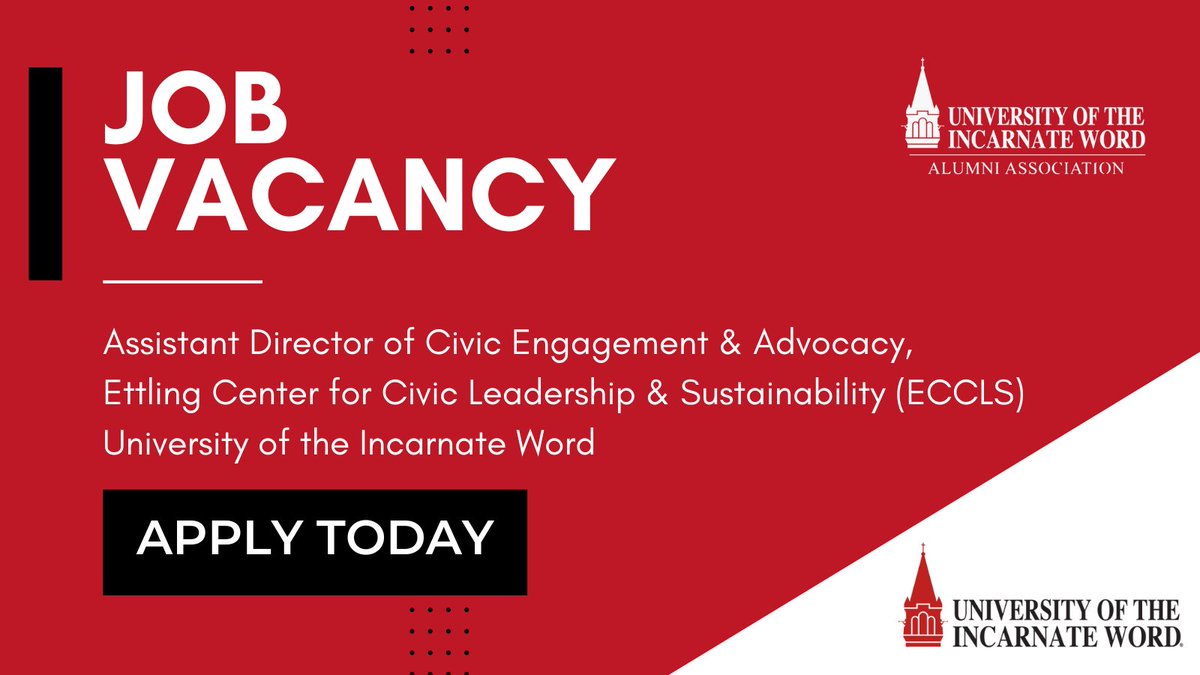 #JobAlert ! An exciting opportunity from the UIW Ettling Center for Civic Leadership. 

This is a unique position for anyone, including #UIWAlum with a heart for service and experience in building educational and social justice programming. 

Apply here &gt;
jobs.uiw.edu/postings/22866