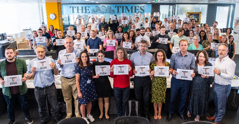 thetimes's tweet photo. The Times and Sunday Times stand with Evan Gershkovich who has been falsely accused of espionage in Russia.

Journalism is not a crime, and we will not rest until Evan is released
#IStandWithEvan