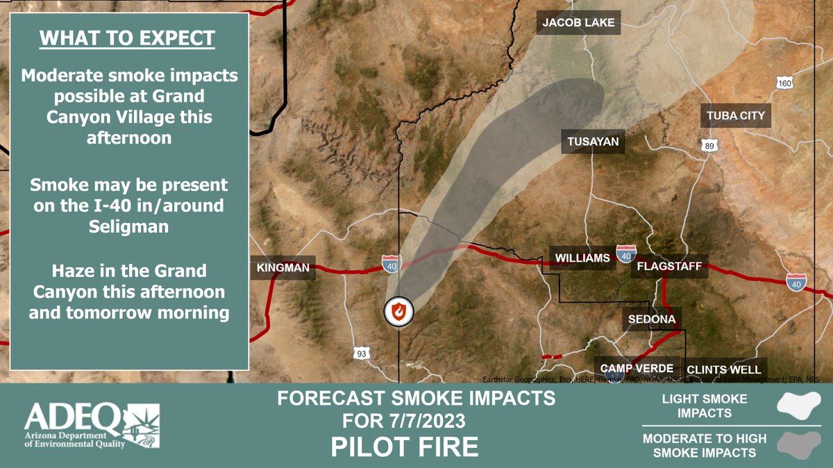 ArizonaDEQ's tweet photo. ❗ADEQ has ACTIVATED the #Pilot Fire Wildfire Smoke Forecast❗
See how the #smoke is affecting your local community #Seligman #Grand Canyon #Wikieup #Kingman #Page ➡️ https://t.co/j3SpTMRNyO
#AZFire #azwx #PilotFire #SmokeReady https://t.co/L4XWMTze3k