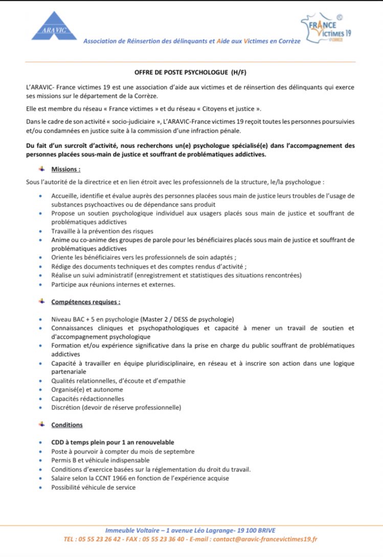 PR_Brive's tweet photo. 📣 #Offre 1 poste de psychologue spécialisé dans l’accompagnement des personnes souffrant de problématiques addictives au sein de l’association @19Aravic en Corrèze @ProcureurTulle @FranceVictimes 

⏰ CDD 1 an 🔄

📩 infos, CV et LM à direction@aravic-francevictimes19.fr https://t.co/J5tXusB3Hs