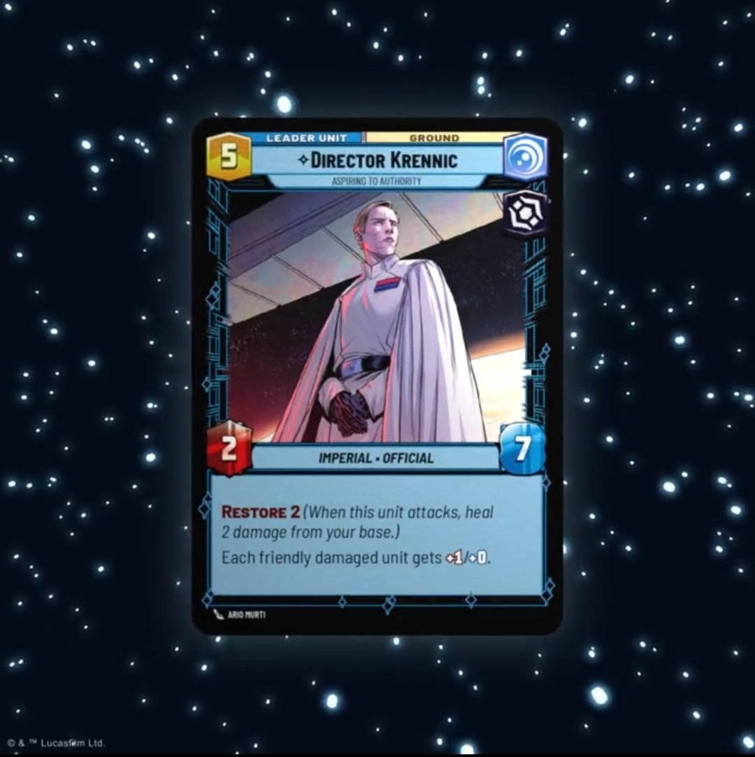 SWUnlimitedESP's tweet photo. 🚨NUEVO LIDER🚨

Se acaba de presentar el nuevo lider Director Krennic

✅Es aspecto vigilante y villano.

✅Su habilidad esta enfocada en potenciar el ataque de las unidades aliadas.

✅En su acción épica tendrá 2/7 ,y curará 2 de daño a la base.

Ganas de ver más lideres🤩 https://t.co/2IFlfEgASO