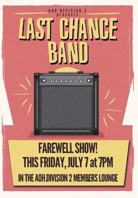 Live music 7pm tonight in our members lounge with The Last Chance Band.