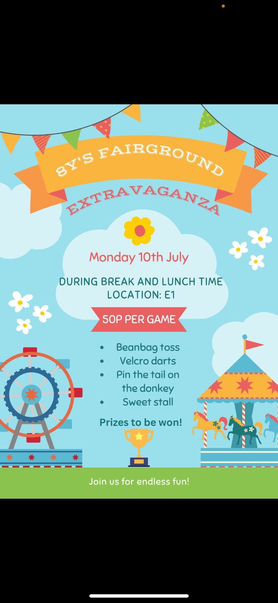 8Y’s Fairground Extravaganza 🎠🎡!Taking place on Monday, and run by my wonderful form class. Lots of fairground games, great prizes and plenty of fun! We are raising money for the Children’s Leukaemia Society ☺️❤️