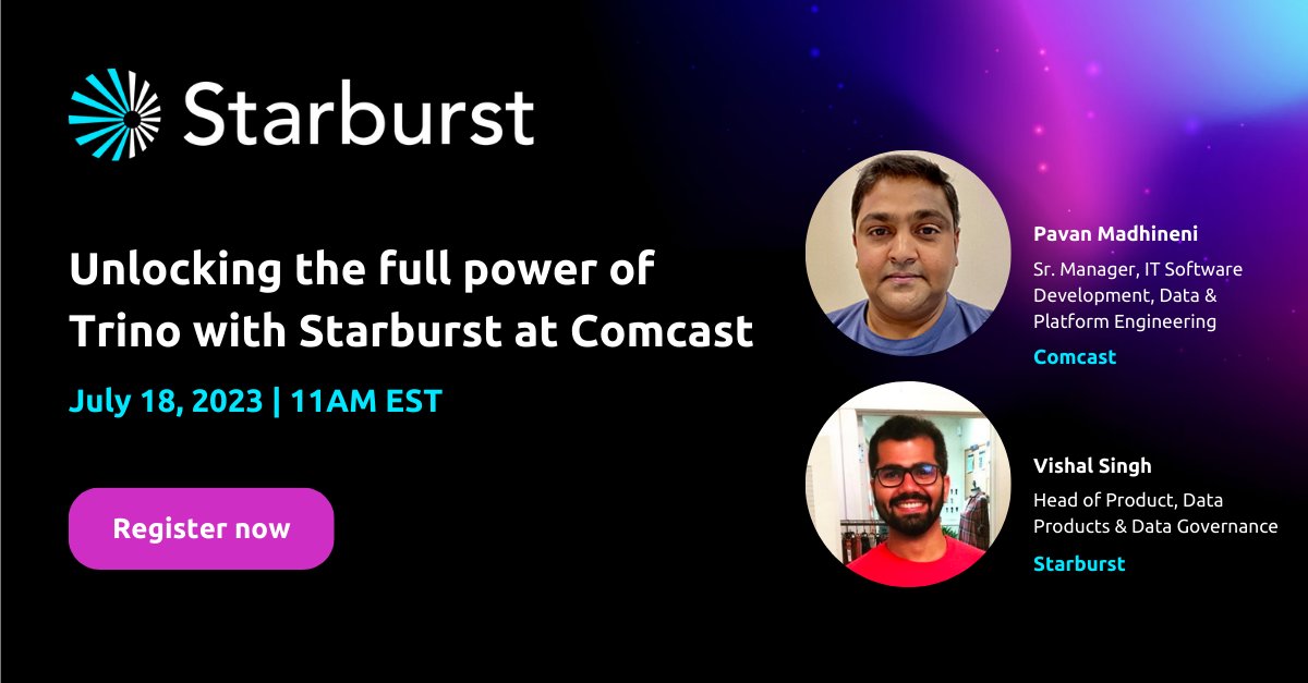 starburstdata's tweet image. Do you want to learn how to unlock the full power of Trino with Starburst?

Starburst&apos;s @vishal_singh and @comcast&apos;s Pavan Madhineni will discuss how Starburst enabled Comcast to transform their @trinodb engine into a powerful analytics platform: okt.to/ejZPr6
#trinodb