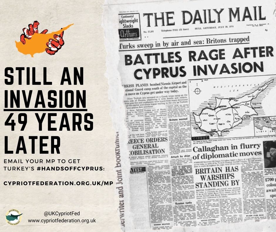 UKCypriotFed's tweet photo. In 1974, the #UK press reported on the tragedy of Turkey's invasion of Cyprus and the lives lost across the country

An illegal invasion in 1974 is illegal in 2023. Take 30 seconds to urge your MP to speak up about getting Turkey's #HandsOffCyprus

https://t.co/BbPjmmJmmy https://t.co/QSLUVYy2LR