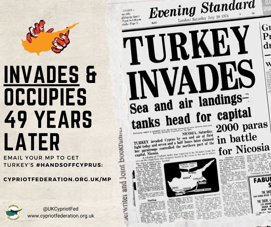 UKCypriotFed's tweet photo. In 1974, the #UK press reported on the tragedy of Turkey's invasion of Cyprus and the lives lost across the country

An illegal invasion in 1974 is illegal in 2023. Take 30 seconds to urge your MP to speak up about getting Turkey's #HandsOffCyprus

https://t.co/BbPjmmJmmy https://t.co/QSLUVYy2LR
