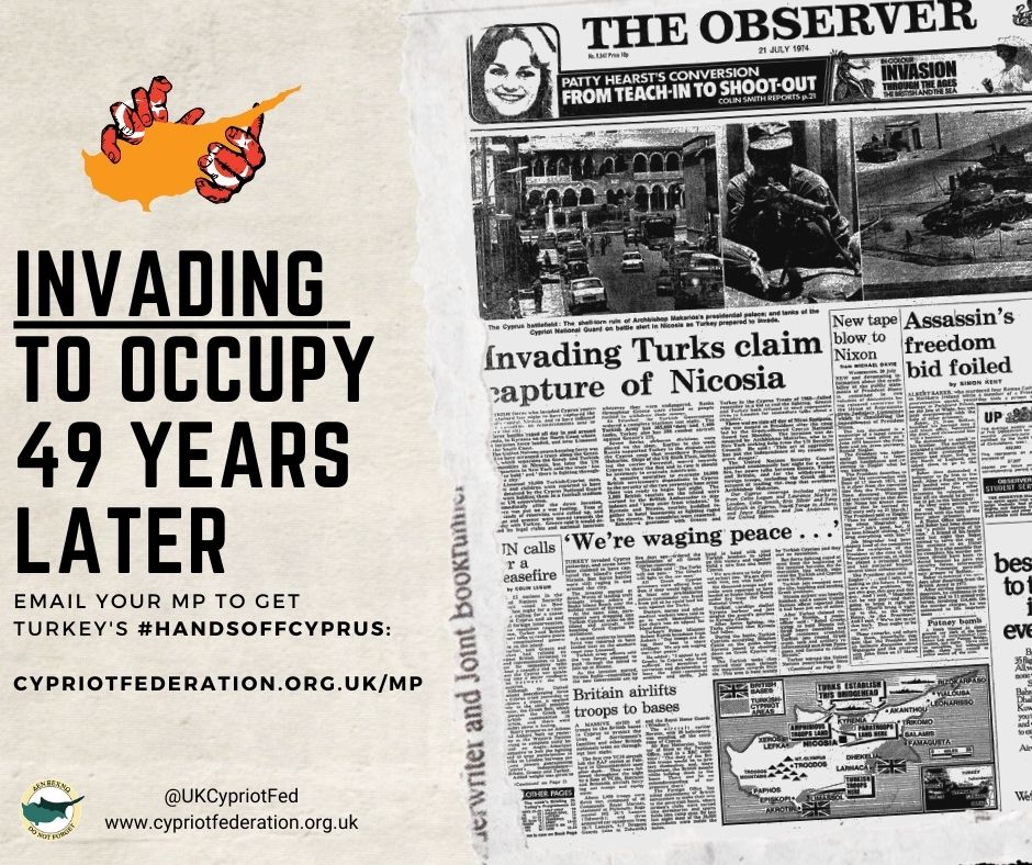 UKCypriotFed's tweet photo. In 1974, the #UK press reported on the tragedy of Turkey's invasion of Cyprus and the lives lost across the country

An illegal invasion in 1974 is illegal in 2023. Take 30 seconds to urge your MP to speak up about getting Turkey's #HandsOffCyprus

https://t.co/BbPjmmJmmy https://t.co/QSLUVYy2LR