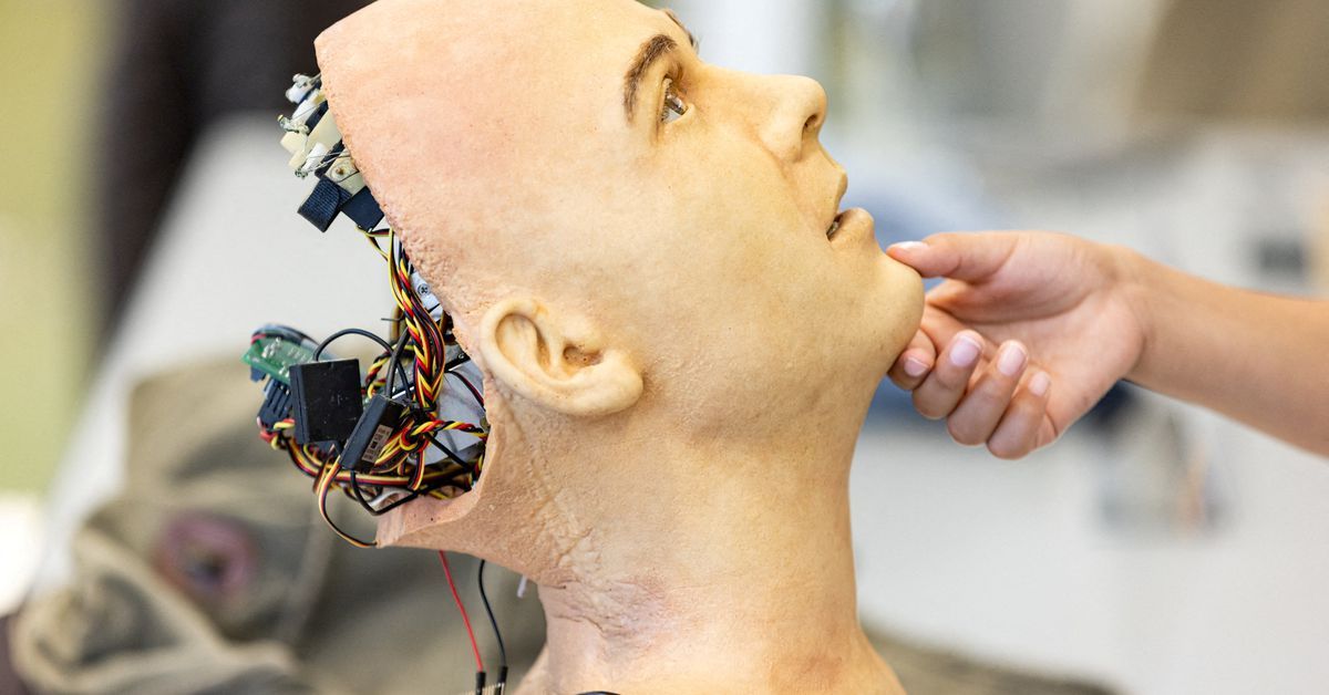 Reuters's tweet photo. Robots say they won't steal jobs, rebel against humans https://t.co/DX6qoyERc7 https://t.co/Bzzel63UTI