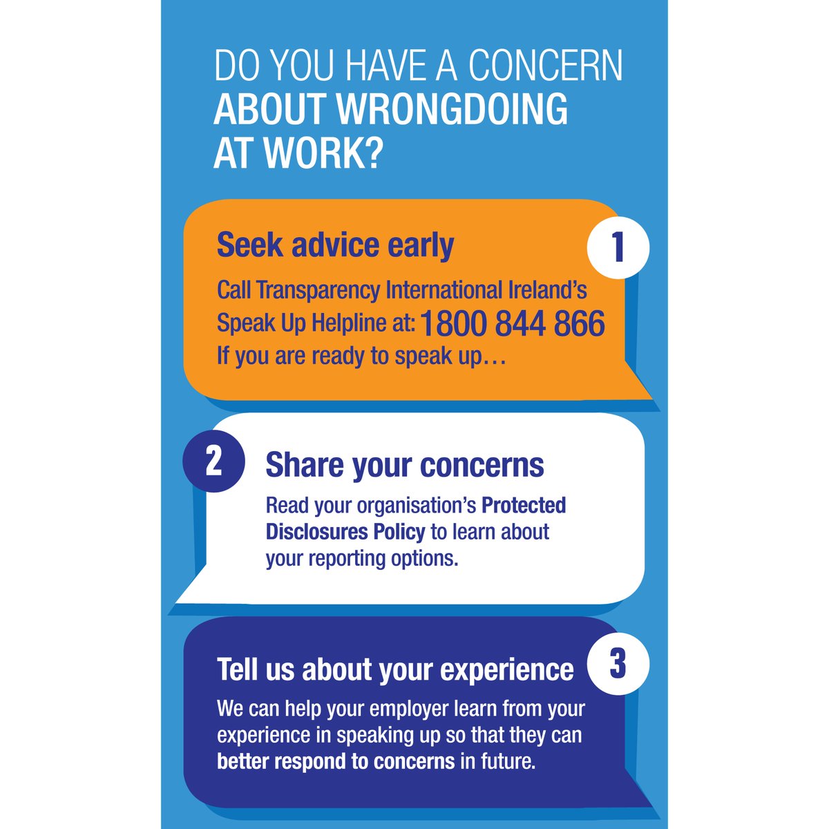 Transparency_ie's tweet image. 📢Have concerns about wrongdoing at work?📢

TI Ireland’s Speak Up Helpline☎️ offers free confidential support, guidance and access to legal and psychological supports.

Don’t stay silent, reach out to us today at📞 1800 844 866 or 🌐 speakup.ie 

#SpeakUp…