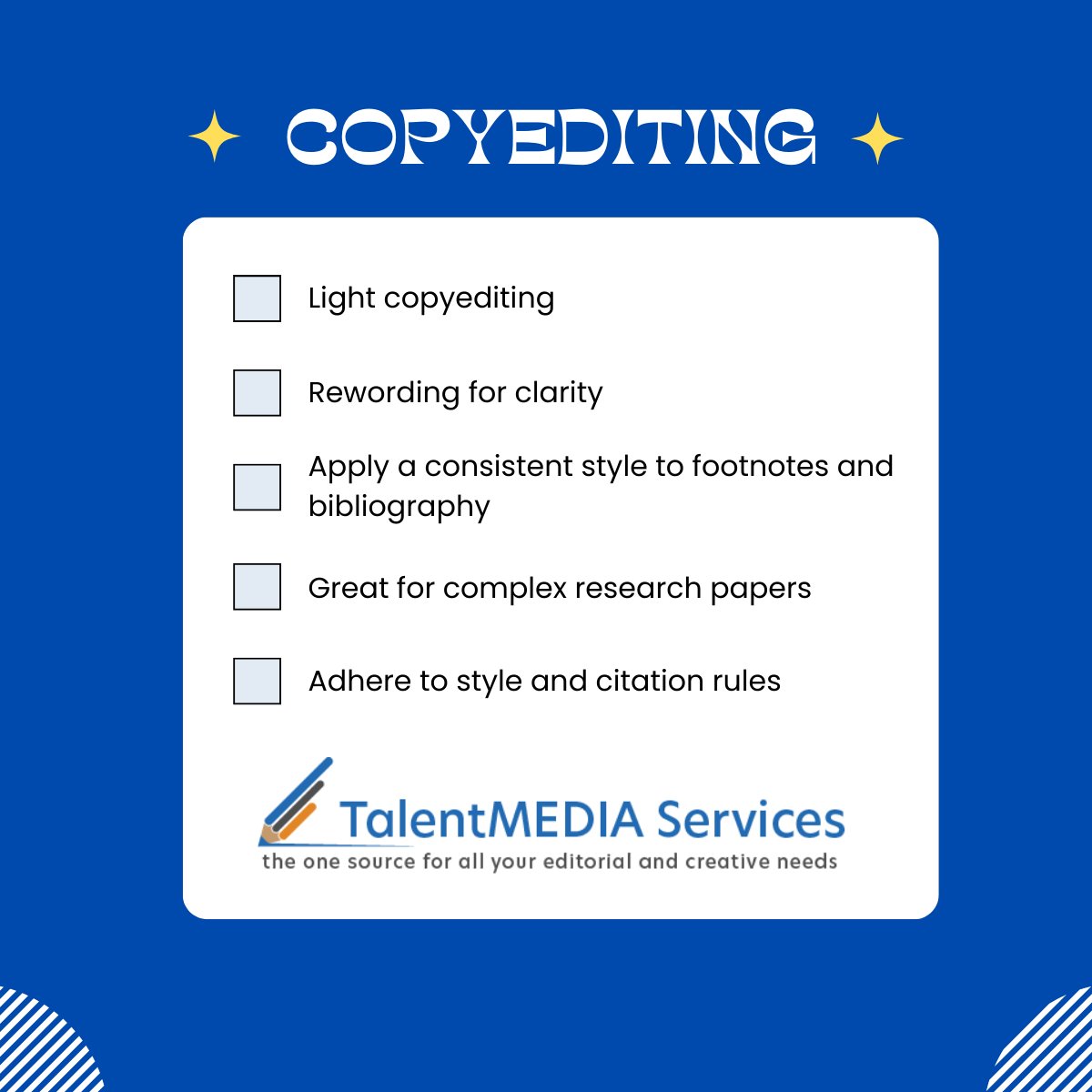 TalentMedia4's tweet photo. Whatever your copyediting needs may be, TalentMEDIA Services can help! Contact us today and we'll get your next project done on time and on budget! Email us today at information@talentmediaservices.com.
#copyediting #editing #editors #editorialservices #help #projects https://t.co/KAN5EbI2E9
