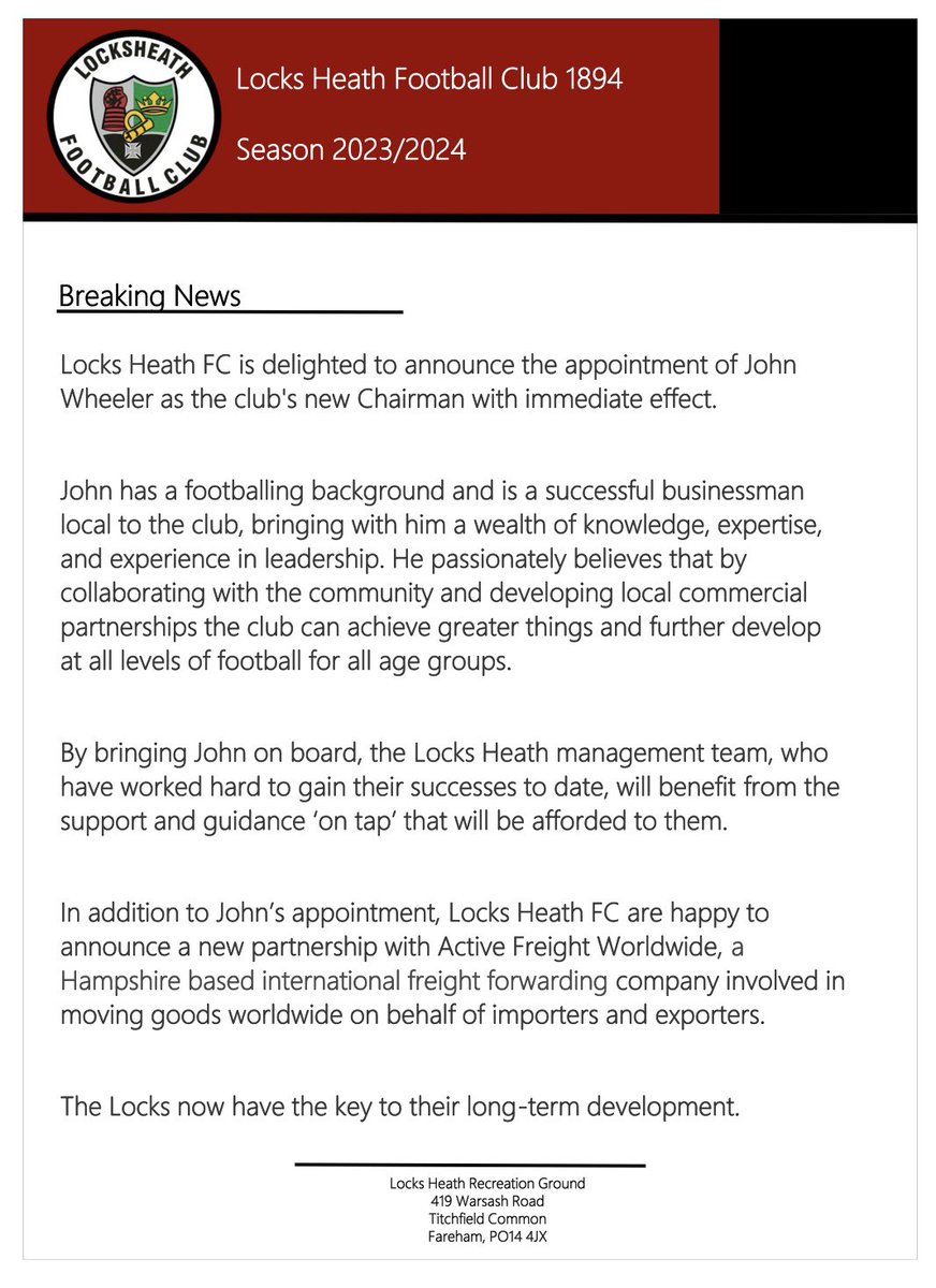 🔴⚫️🔴⚫️

Great news coming out of Locks Heath FC late this afternoon. 

Start of a new era and journey awaits. 

Please see below for more details.

#UTL
#StrongerTogether  

🔴⚫️🔴⚫️