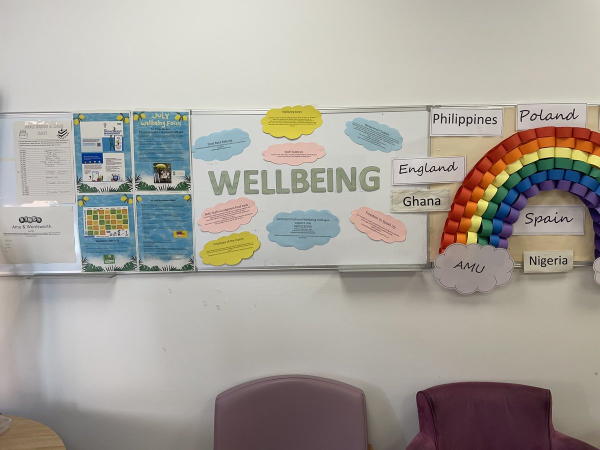 Updating our wellbeing board on Amu today with information on all of the resources available to our lovely staff, including our own Amu food bank, well-being boxes and employee of the month. Wellbeing so important.