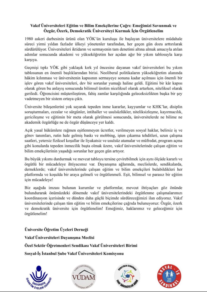 Vakıf üniversitesi dayanışmaları, vakıf üniversitesi bileşenlerini dayanışmaya çağırıyor! 

Paralı, niteliksiz eğitime karşı akademiye yapılan mobinge karşı emeğimiz ve geleceğimiz için yan yana gelelim.
