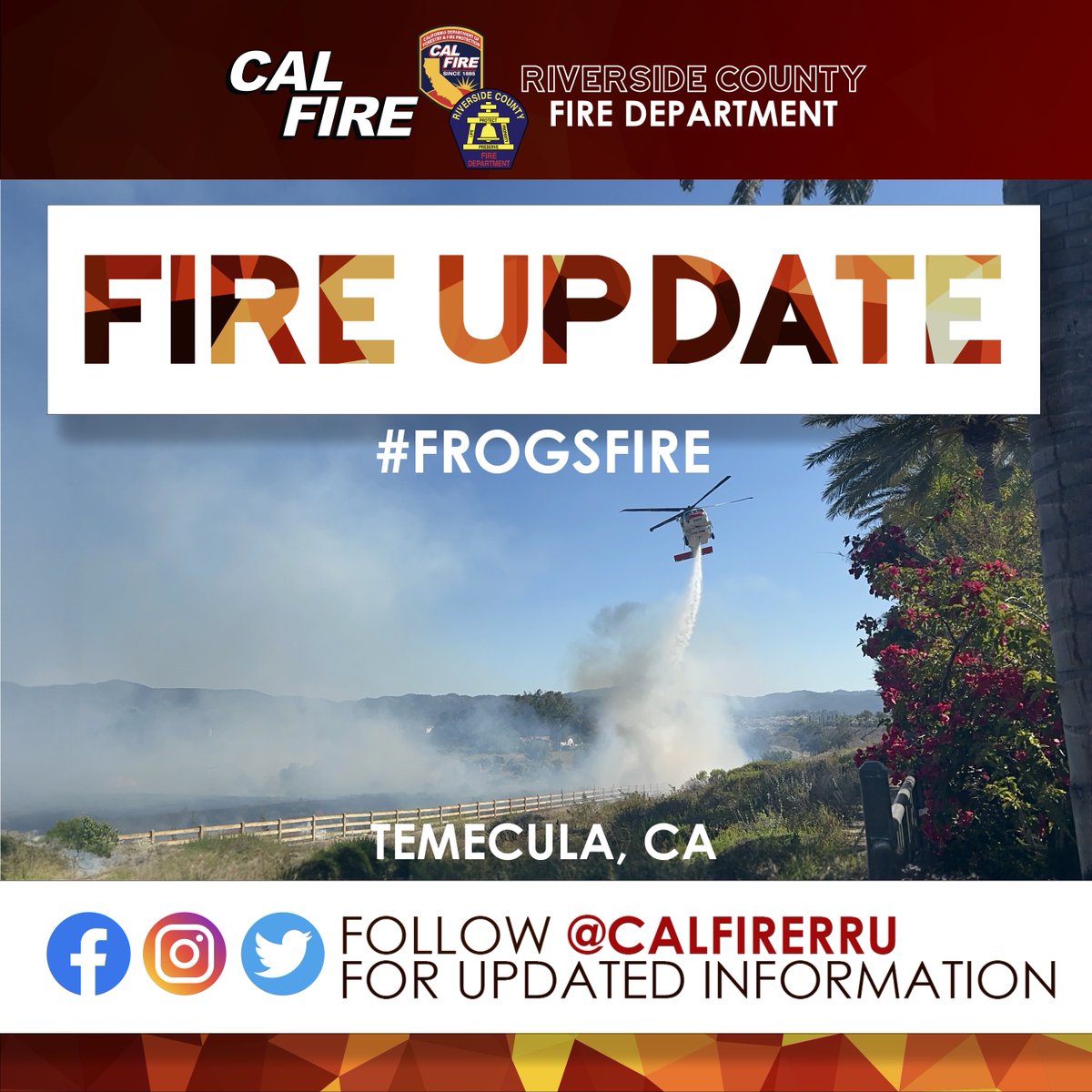 CALFIRERRU's tweet photo. #FrogsFire [MORNING UPDATE] 7/7/23 8:00 a.m. - The #FrogsFire is holding at 33 acres and is 80% contained as of this morning. Please continue to use caution in the area as fire resources remain on scene throughout the day completing containment.

@cityoftemecula 
@RivCoNow https://t.co/VcS16IRg65