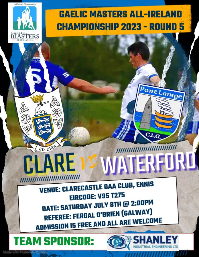 ๐Waterford Masters Football๐ (@waterfordmaster) on Twitter photo We take on <a href="/ClareMasterGaa/">Clare Masters Gaa</a> tomorrow in Round 5 of the Gaelic Masters All-Ireland Championship in <a href="/ClarecastleGAA/">Clarecastle GAA, Camogie & Ladies Football Club</a>.
Referee: Fergal O'Brien from Gort (Galway).
Throw in is at 2pm and admission is free.
Best of luck lads. โช๏ธ๐ตโช๏ธ๐ตโช๏ธ๐ต We take on <a href="/ClareMasterGaa/">Clare Masters Gaa</a> tomorrow in Round 5 of the Gaelic Masters All-Ireland Championship in <a href="/ClarecastleGAA/">Clarecastle GAA, Camogie & Ladies Football Club</a>.
Referee: Fergal O'Brien from Gort (Galway).
Throw in is at 2pm and admission is free.
Best of luck lads. โช๏ธ๐ตโช๏ธ๐ตโช๏ธ๐ต