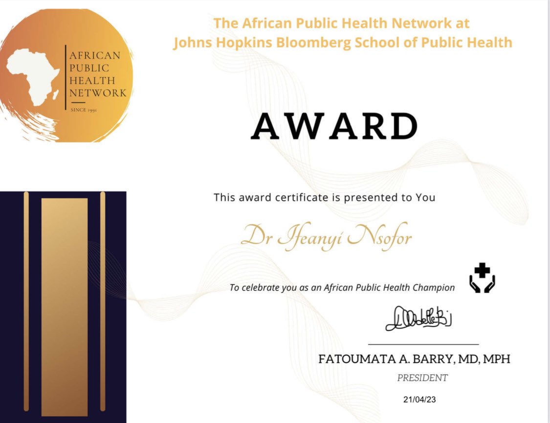 ekemma's tweet photo. Grateful to African Public Health Network at @JohnsHopkinsSPH Johns Hopkins Bloomberg School of Public Health for celebrating me as an African Public Health Champion. 🙏🏿@barry_adelle & team for inviting to speak at 2023 annual conference. Ìgwèbụ̀íké - we are stronger when united https://t.co/R5peE6lyFF