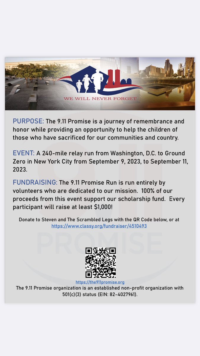 SB48495219's tweet photo. TWO short months until @The911Promise run! 
Check out this fundraising poster our team put together this week! 
🙏 🇺🇸 🏃‍♂️ https://t.co/x9wznS903L